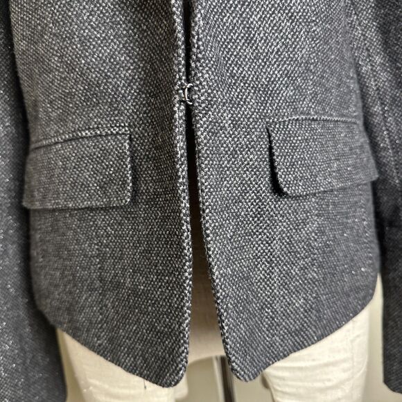 American Eagle Gray Black Silver Tweed Blazer Wool Blend Velvet Collar Sz L - Picture 4 of 13